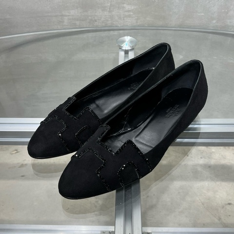 Hermes/愛馬仕 Swan系列 黑色麂皮水晶H 樂福鞋  尺碼/36碼