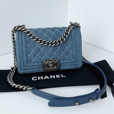 香奈兒/Chanel 牛仔丹寧Leboy銀扣 外縫白線菱格 小号