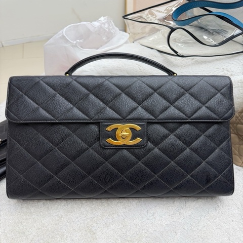 Chanel 香奈兒 中古Vintage 貝嫂公文包 男女同款 黑金荔枝皮 4開