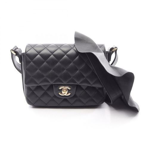 香奈兒 (CHANEL) 絎縫荷葉邊斜背包 AS1737 羊皮黑色金色五金二手 CC