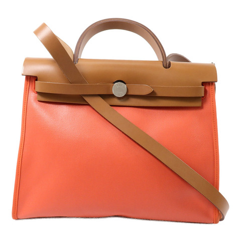 HERMES 帆布Herbag PM手挽肩背兩用袋Orange Mecano/Beige