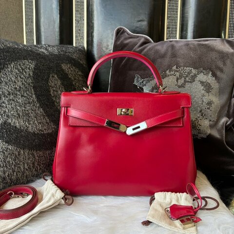 HERMES KELLY 32CM 寶石紅內拚糖果粉 Tadelakt皮 銀釦  N刻
