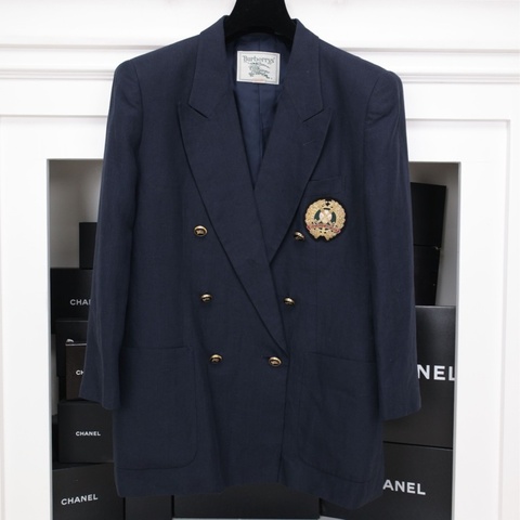 Burberry深蓝色亚麻黑金麦穗徽章双排扣西装上衣外套
