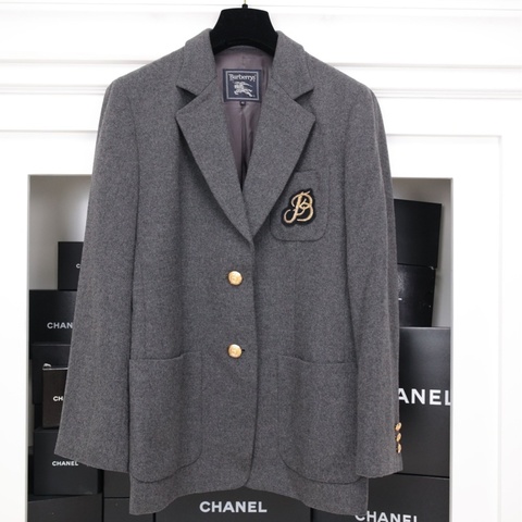 Burberry灰色毛呢黑金徽章西装上衣外套
