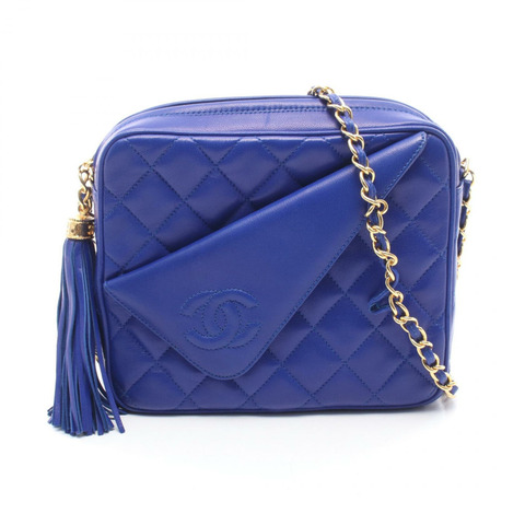 香奈兒 (CHANEL) Matelasse Tassel Chian 單肩手提包，羊皮材質，藍色，金色五金，二手 CC