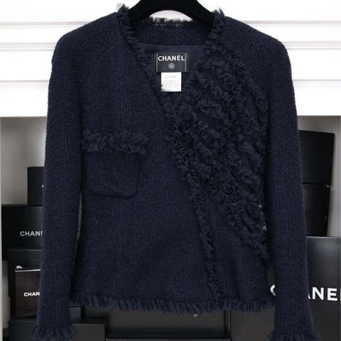 Chanel 02年深蓝色网纱小口袋斜领襟小天鹅上衣外套