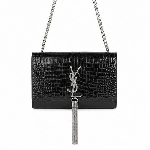 KÉSH 凱仕精品｜Saint Laurent Kate 黑色鱷魚壓紋流蘇鏈條包｜YSL 信封包｜亮面牛皮銀鍊肩背斜背包