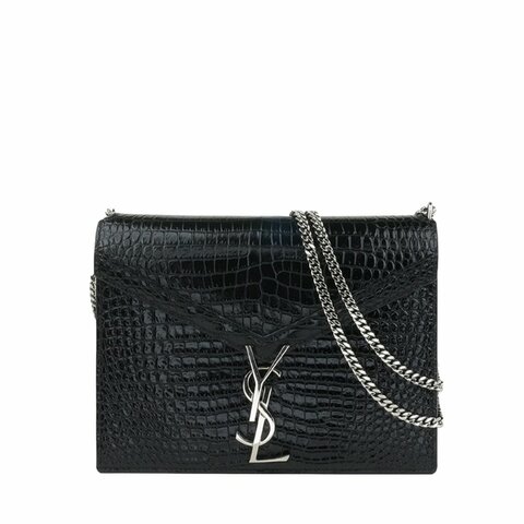KÉSH 凱仕精品｜Saint Laurent Cassandra 黑色鱷魚壓紋鏈條包｜YSL Cassandra 肩背包｜亮面牛皮銀鍊斜背包