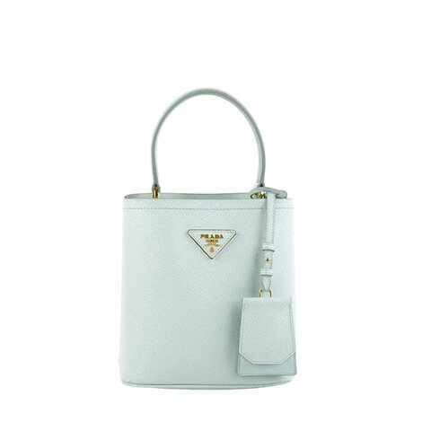 KÉSH 凱仕精品｜PRADA Panier 薄荷藍 Saffiano 水桶包｜普拉達金釦手提斜背包｜Aqua 牛皮迷你水桶包