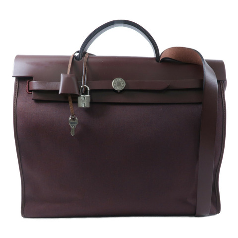 HERMES 帆布/Veau Hunter皮革Herbag MM手挽肩背兩用袋Rouge H
