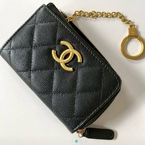 Chanel香奈兒雙C大logo黑金荔枝鑰匙扣錢包/ 鑰匙圈零錢包/ 鑰匙卡包／ 短夾