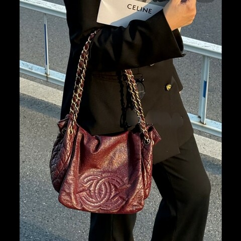 Chanel 香奈兒酒紅色hobo油蠟塗層機場包(小號)