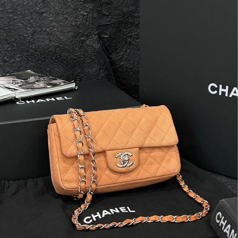 香奈兒/Chanel 肉桂色銀扣磨砂牛皮大mini cf鏈條包 19cm×12cm