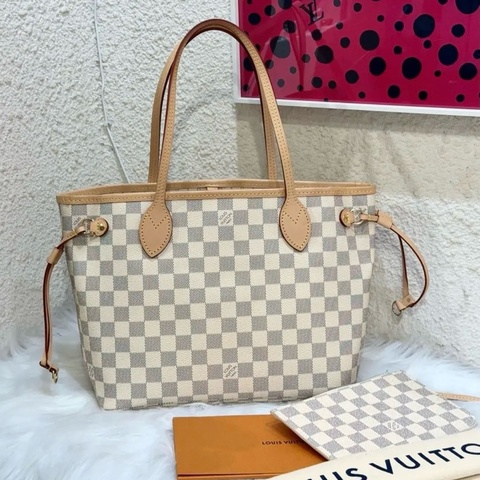 LOUIS VUITTON NEVERFULL PM 灰白棋盤格 塗層帆布拼牛皮 子母包托特包Tote包購物袋單肩包手提包 小號