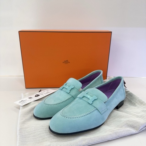 Hermes 愛馬仕經典綠色麂皮巴黎樂福鞋 尺寸37碼，有塵袋盒子