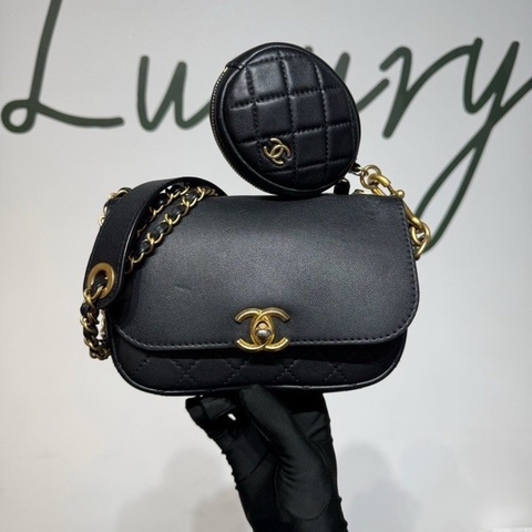 CHANEL 香奈兒 雙子星二合一鏈條包 黑金牛皮