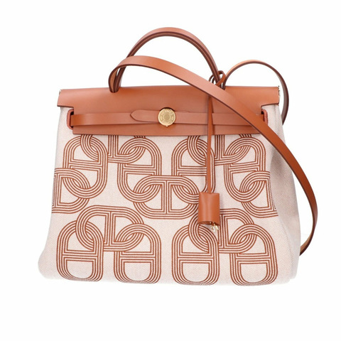 HERMES 愛馬仕 W 印章 Herbag Zip PM Letournée Chaine d'Ancre 圖案 Fauve Vache Hunter Toile H 2-way 單肩包/手提包 GD 硬體 女士
