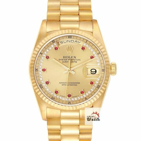 【大眾名錶】Rolex 勞力士18238 Day-Date 18K金蠔式 紅蟳錶款 小紅寶多層鑽面盤 太陽圈 錶徑36mm 自動上鍊 B1410