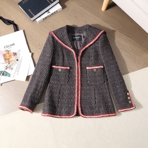 Chanel灰混紡海軍領紅白滾邊Tweed