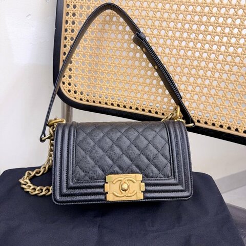 近新品 香奈兒/Chanel Leboy黑金荔枝牛皮小號鏈條包