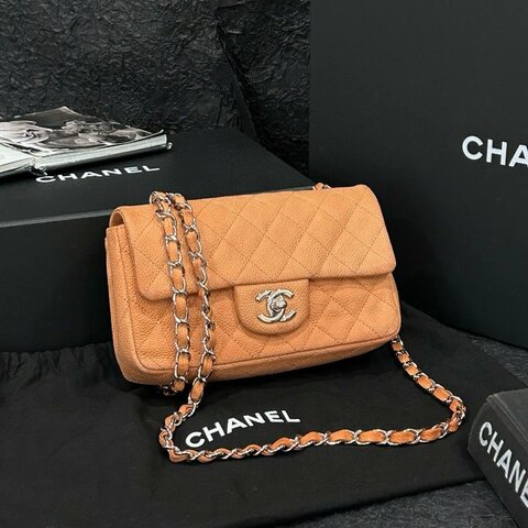 香奈兒/Chanel CF肉桂色銀扣磨砂牛皮大mini鏈條包