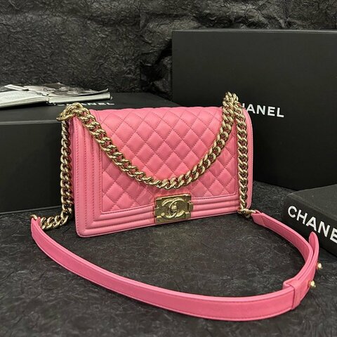 香奈兒/Chanel Leboy中號粉色金扣鏈條肩背包