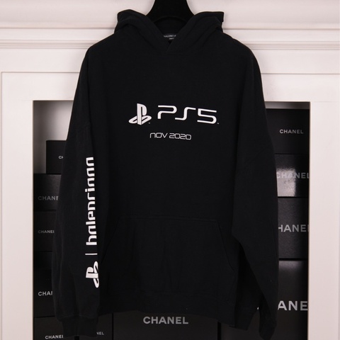 Balenciaga x PS5联名黑色加绒连帽套头卫衣外套