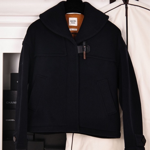 Hermes 23年深蓝色羊毛毛呢大衣外套
