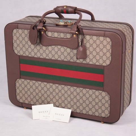 Gucci 棕色老花绿松石锁扣手提行李箱
