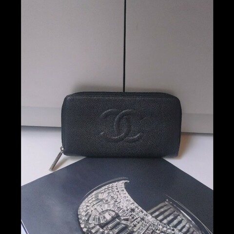 Chanel 黑荔枝皮雙C拉鍊長夾
