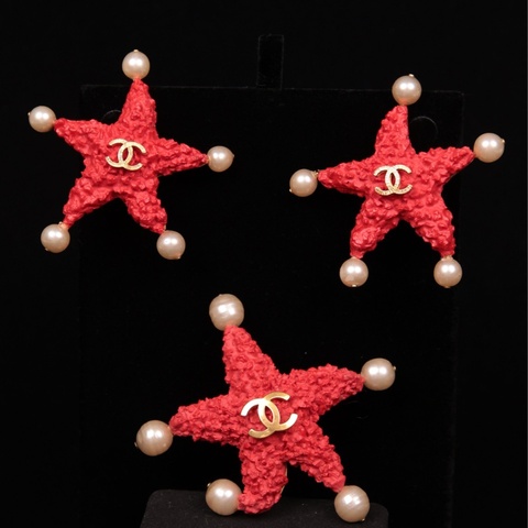 Chanel 93年红金熔岩海星珍珠胸针耳夹套装