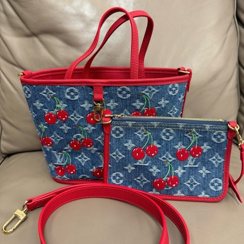 🍒 路易威登 LV 村上隆櫻桃限定 Neverfull BB 牛仔藍拼紅色托特包子母包手提包斜挎包單肩包 芯片款