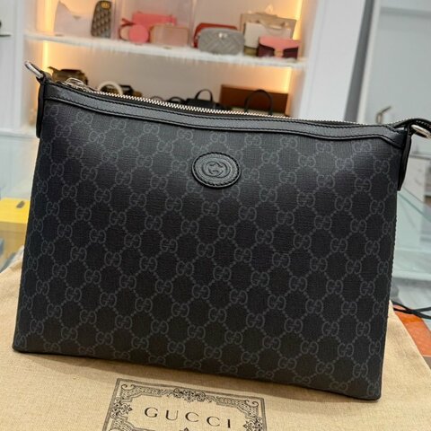 Gucci 黑色 GG Supreme 帆布手拿/斜背兩用包