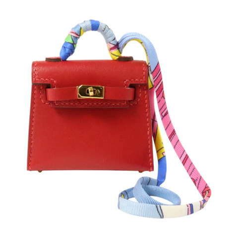 HERMES Tadelakt皮革/絲質Mini Kelly Twilly Bag Charm金扣掛飾Rouge Vif