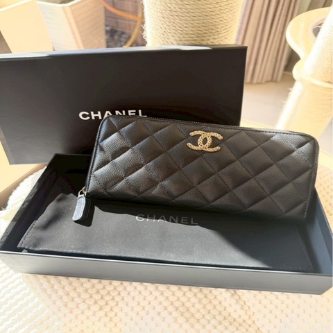 自售 Chanel AP3181 鏤空黑金荔枝紋拉鍊長夾 粉色內裡 香奈兒長夾