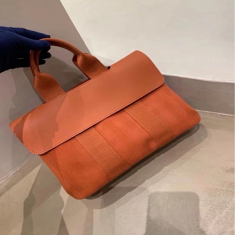 「JL精品代購」95新 Hermes 愛馬仕Valparaiso橙色帆布拼皮蘑菇包PM