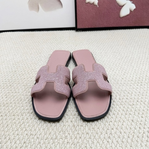 HERMES愛馬仕 Oran系列亮片粉色磨砂質H女款拖鞋 36.5碼