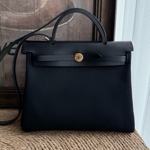 愛馬仕 Hermes 帆布配皮herbag31黑金手提包單肩包斜挎包
