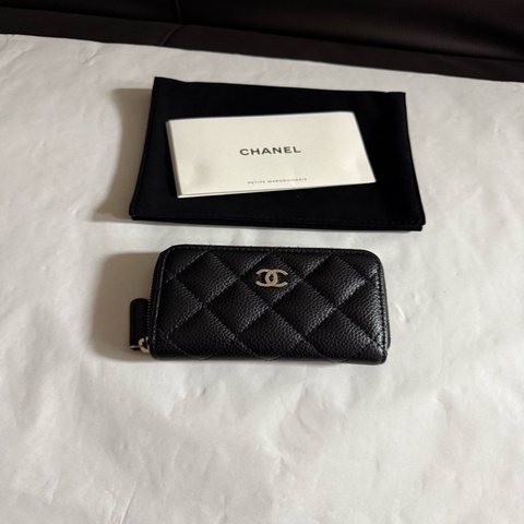 chanel香奈兒 黑銀荔枝紋牛皮拉鍊短款錢包錢夾卡包 25開有塵袋