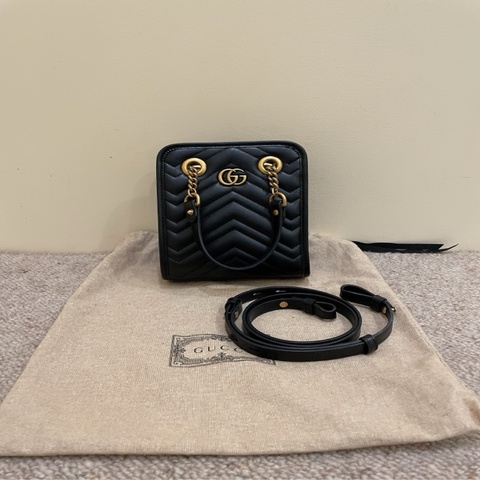 99新 Gucci 古馳Marmont 馬蒙mini tote 黑金牛皮 配件塵袋