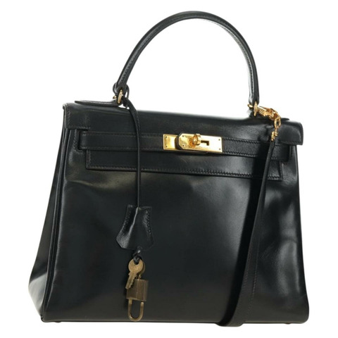 愛馬仕 Kelly 28 手提包 Box 小牛肉 2 手提包 黑色 金色 正品 185189SM