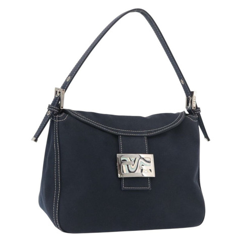 FENDI Mamma Baguette 肩背包 帆布 海軍藍 銀色 正品 187625V