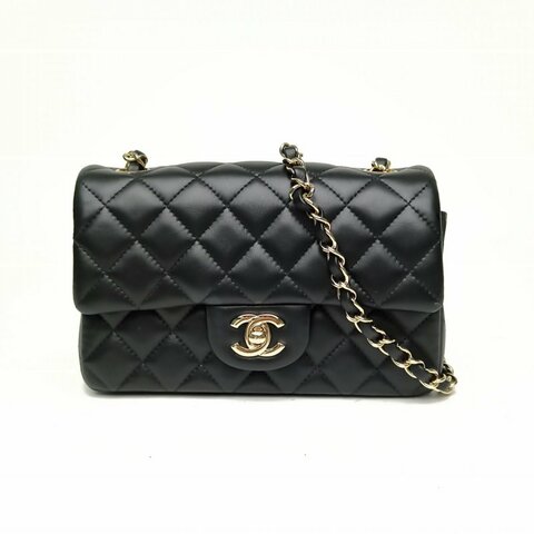 CHANEL CF口蓋包大Mini黑色羊皮30開淺金扣肩背包