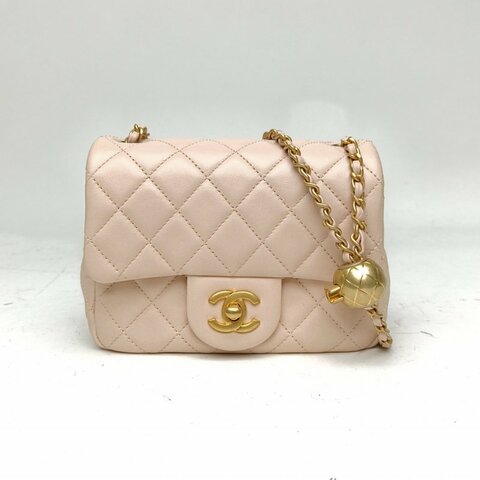 CHANEL CF口蓋包方胖子淡粉色羊皮晶片金扣金球調節扣肩背包