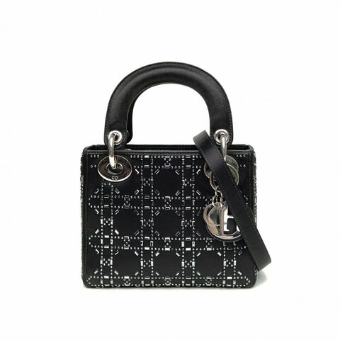 DIOR Lady戴妃包三格黑色緞面銀扣水鑽肩背包