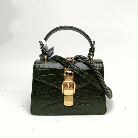 GUCCI 綠色鱷魚皮金扣Sylvie塞爾維亞絲帶包Mini肩背包