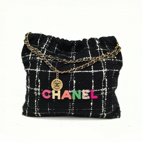 CHANEL 22BagTote托特包中號黑白毛呢晶片金扣肩背包