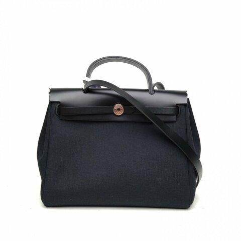 HERMES Herbag31黑色帆布/牛皮W刻銀扣肩背包