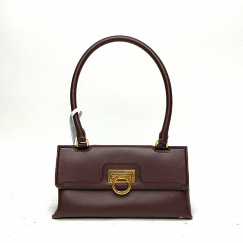 FERRAGAMO 棗紅色牛皮金扣金色Gancini扣飾腋下包肩背包