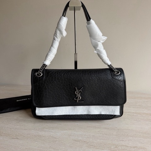 YSL聖羅蘭Niki黑銀羊皮鏈條包 底長32cm